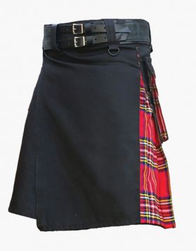  Black and Royal Stewart Tartan Hybrid Kilt with Pockets - Front Image 