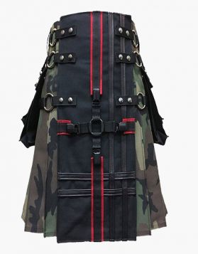 Black and Woodland Camo Gothic Utility Kilt- Front Image 