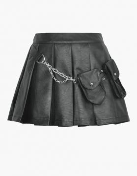 Black Leather Mini Kilt with Pockets and Chains