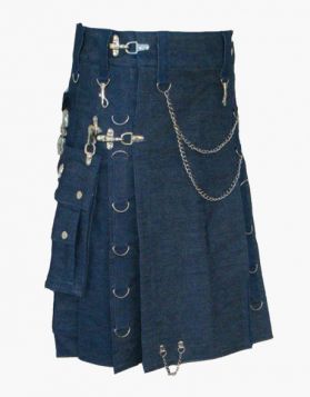 Gothic Blue Denim Utility Kilt with Chains