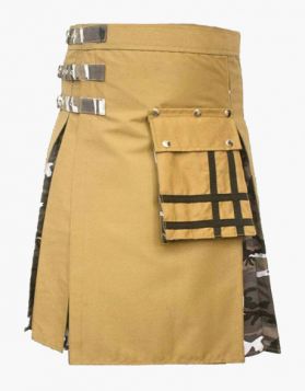 Khaki and Urban Camo Hybrid Utility Kilt with front pocket- Front Image