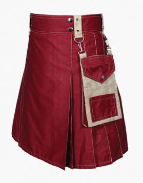Men's Two-Tone Maroon And Khaki Utility Kilt- Front Image