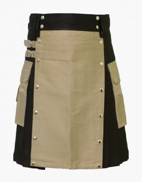 Men's Black and Khaki Two-tone Utility Kilt with Studs- Front Image 