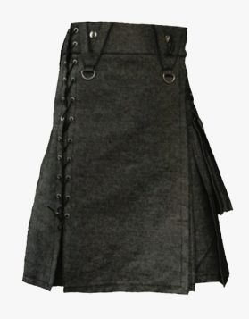Men's Black Denim Kilt With Silver Chain