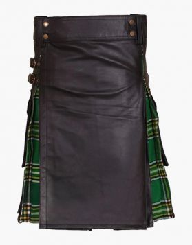Modern Black Leather Hybrid Kilt with Tartan Pleats - Front Image