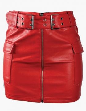 Red Faux Leather Skirt with Waist Buckle Belt and Zip Closure 