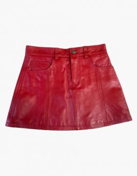 Red Leather Mini Skirt with Slant Pockets and Zip Closure